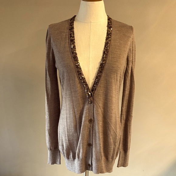LOFT Taupe brown Cardigan with Sequin Trim wool blend lightweight button down M - Picture 1 of 13